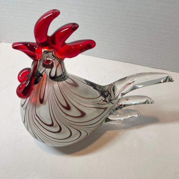 Handcrafted Glass Rooster Figurine With Red Comb & Tail Accents - Picture 2 of 9